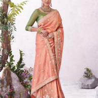 Peach designer embroidery saree festive wear