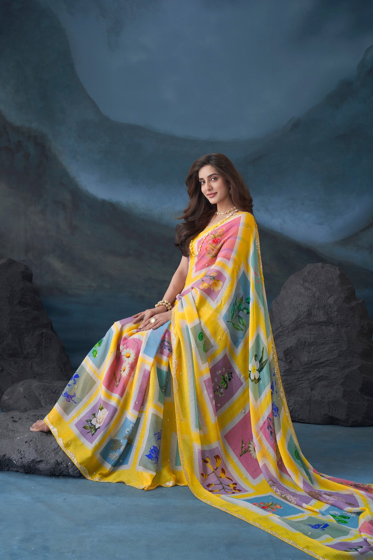 Yellow Work chiffon saree casual wear