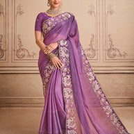 Purple floral embroidered silk blend saree festive wear