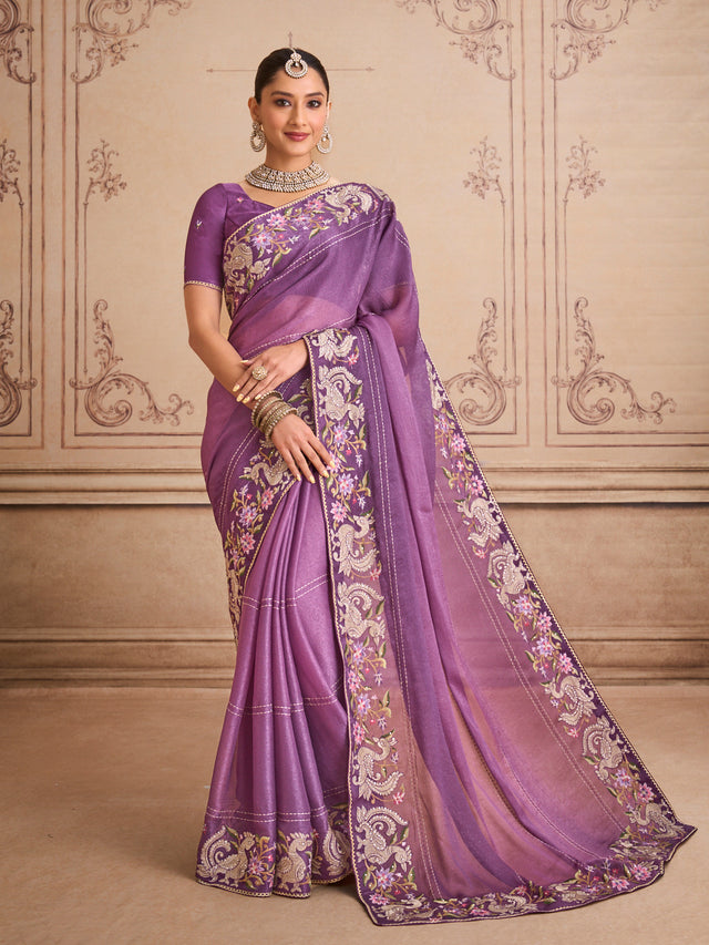 Purple floral embroidered silk blend saree festive wear