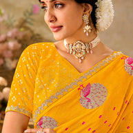 Yellow embroidered chiffon saree daily wear