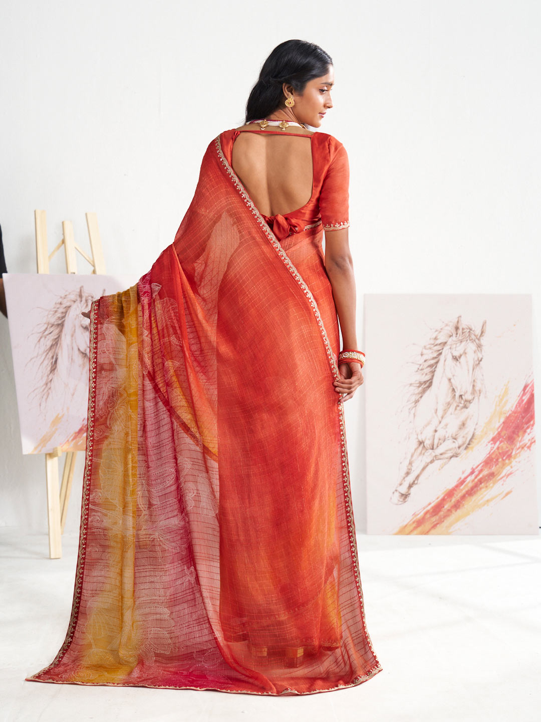 Laxmipati Murli Orange Chiffon Floral Saree