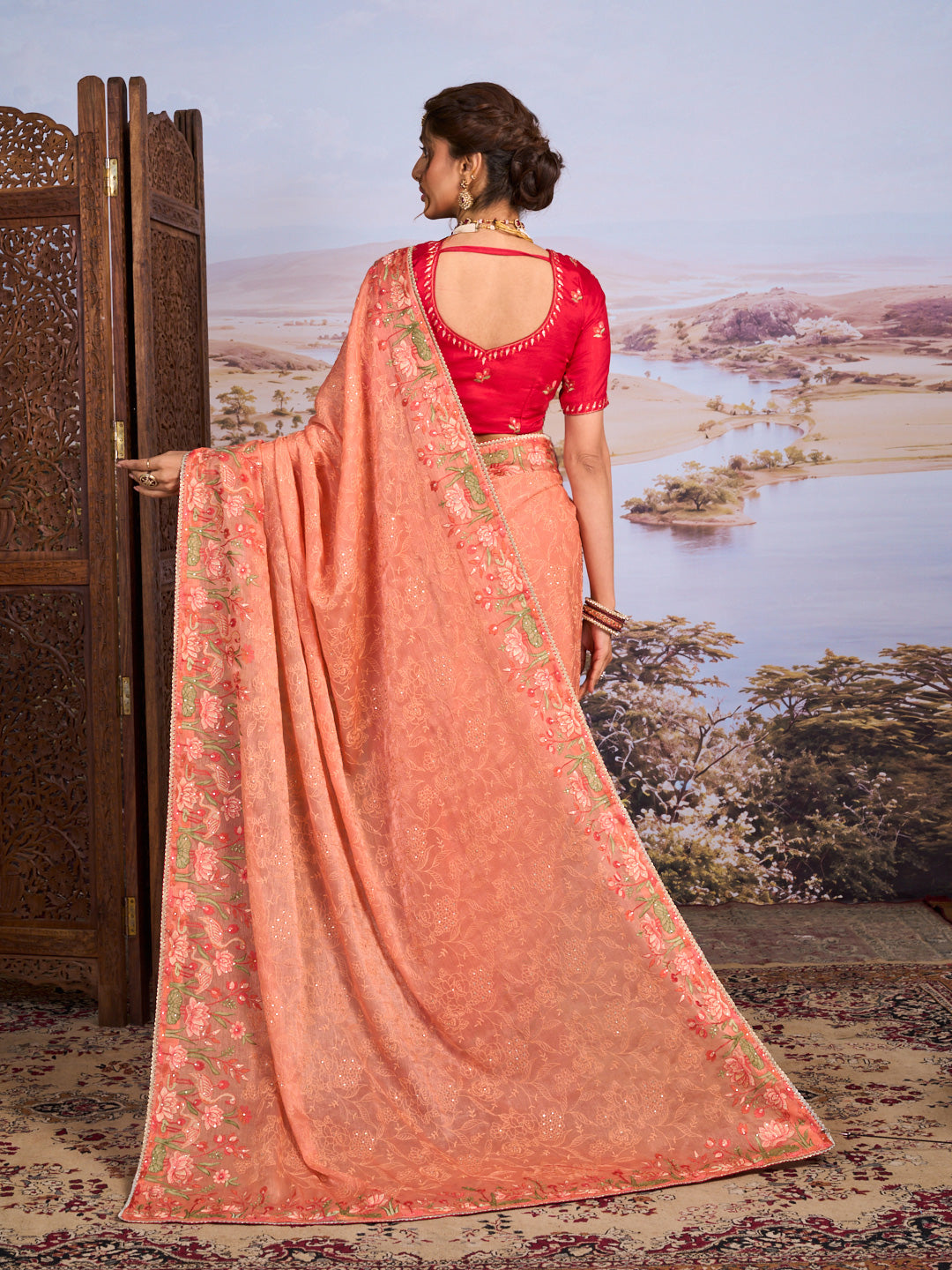 Brown floral embroidered chiffon saree daily wear