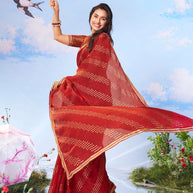  Red printed banarasi silk saree daily wear 