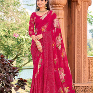 Pink georgette floral print saree with sequin work