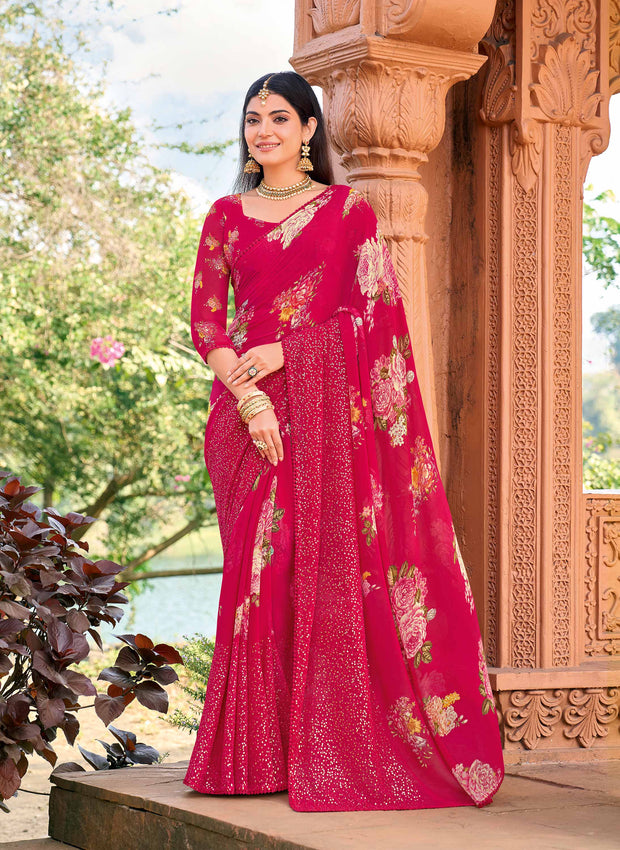 Pink georgette floral print saree with sequin work