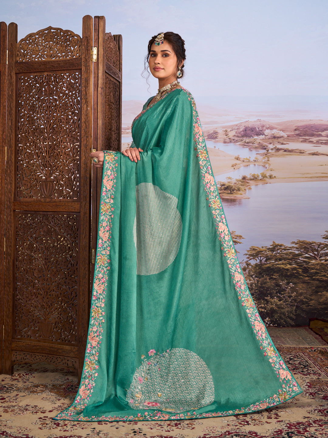 Blue floral embroidered silk blend saree casual wear