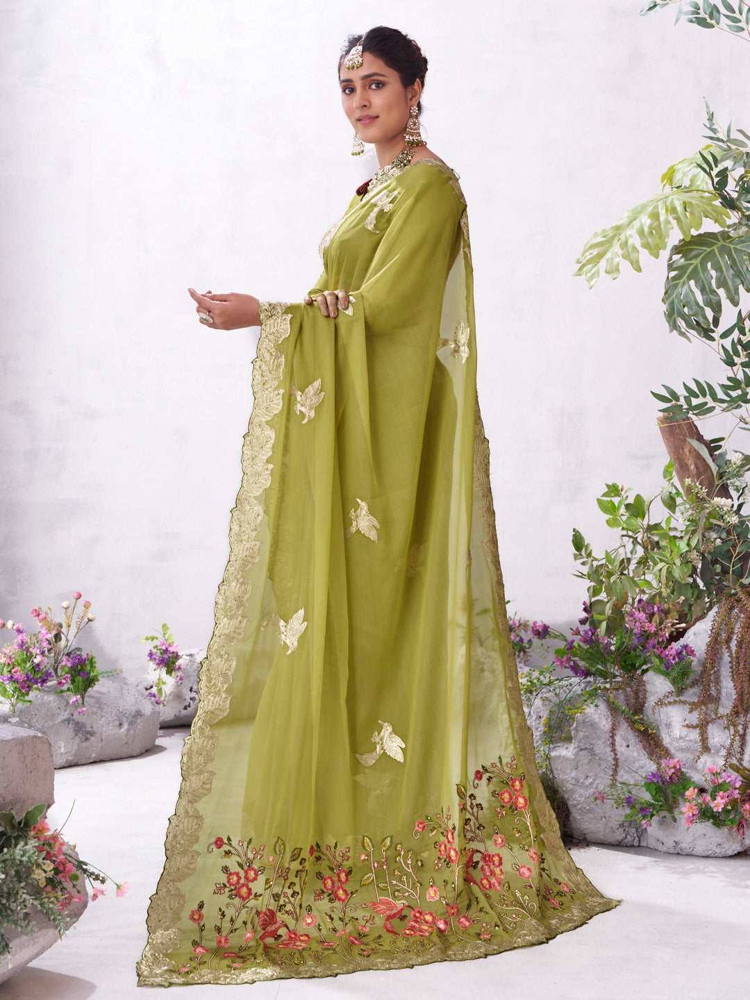 Olive floral embroidery saree stylish drape