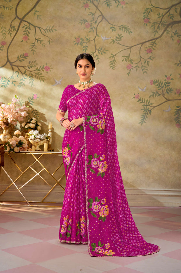 Pink embroidered chiffon saree festive wear