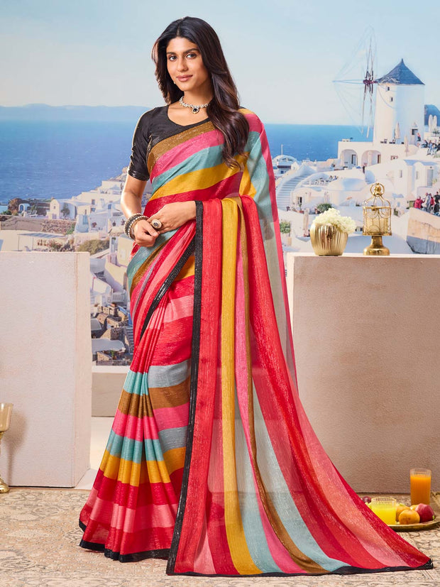 Multicolor striped printed saree trendy style