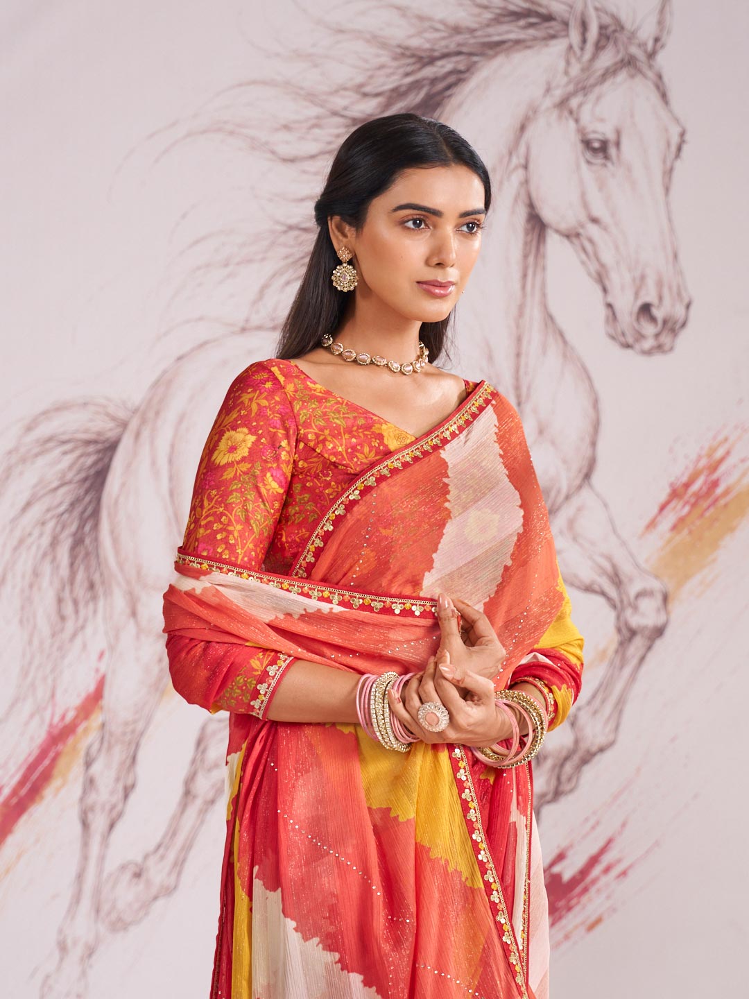 Laxmipati Murli Orange Chiffon Abstract Saree