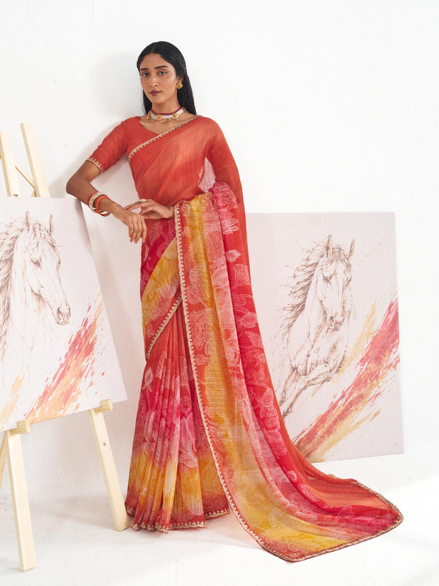 Laxmipati Murli Orange Chiffon Floral Saree
