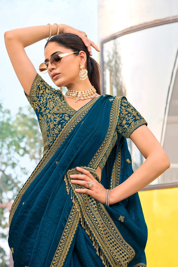 designer blue embroidery saree