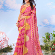 Pink geometric printed chiffon saree festive wear