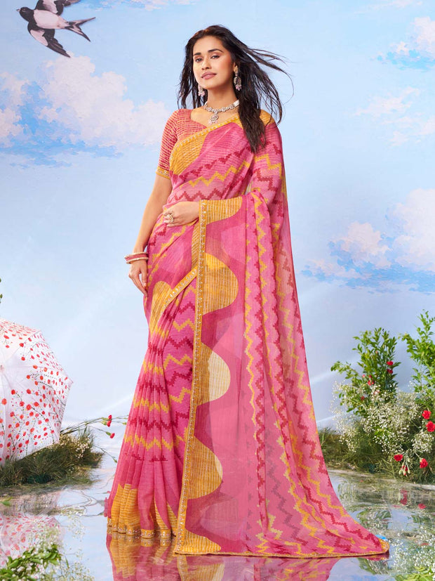 Pink geometric printed chiffon saree festive wear