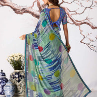 Blue polka dot printed georgette saree festive wear