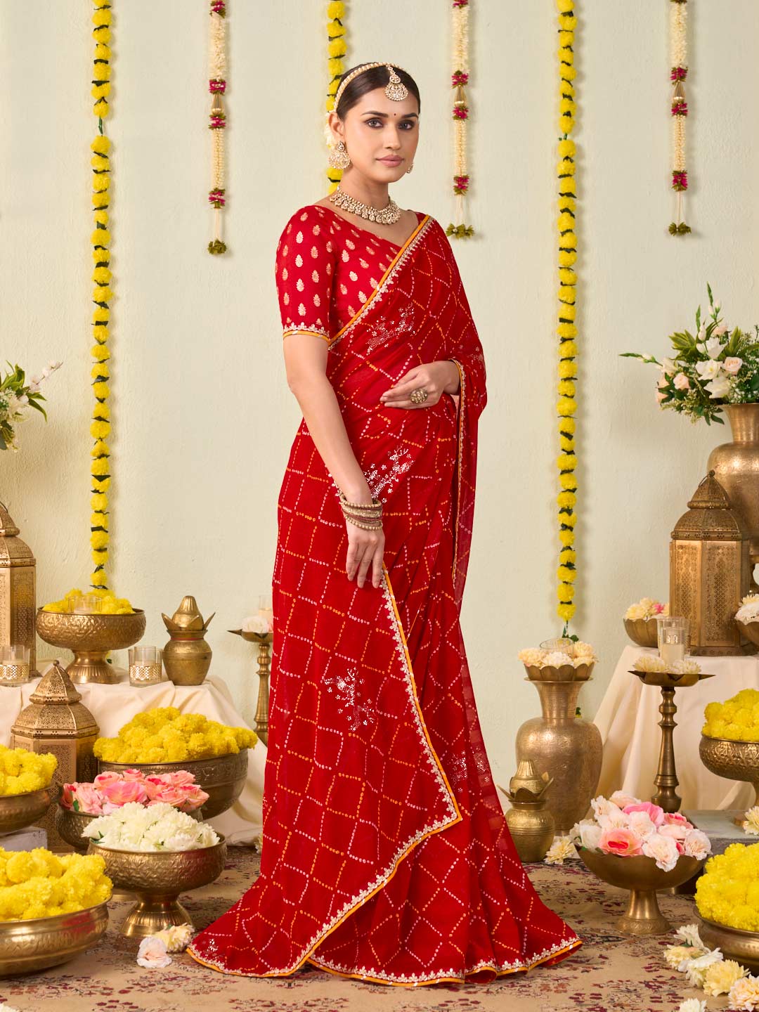 Red bandhani printed georgette saree casual wear