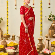 Red bandhani printed georgette saree casual wear