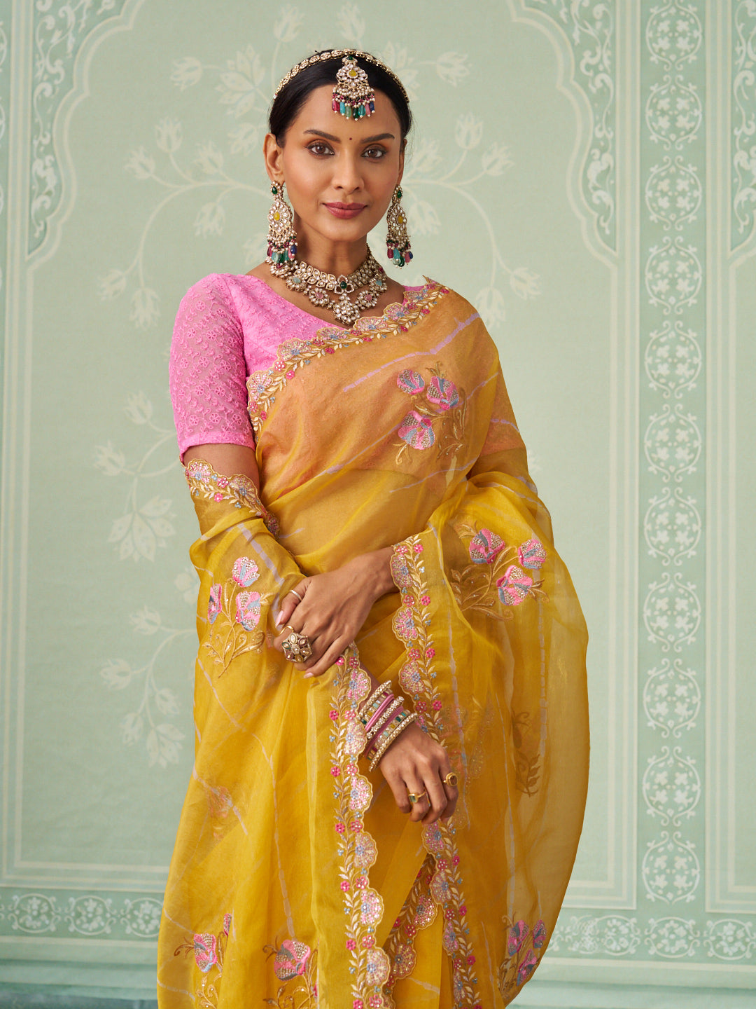 Yellow floral embroidered chiffon saree wedding wear