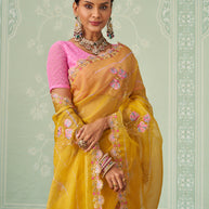Yellow floral embroidered chiffon saree wedding wear