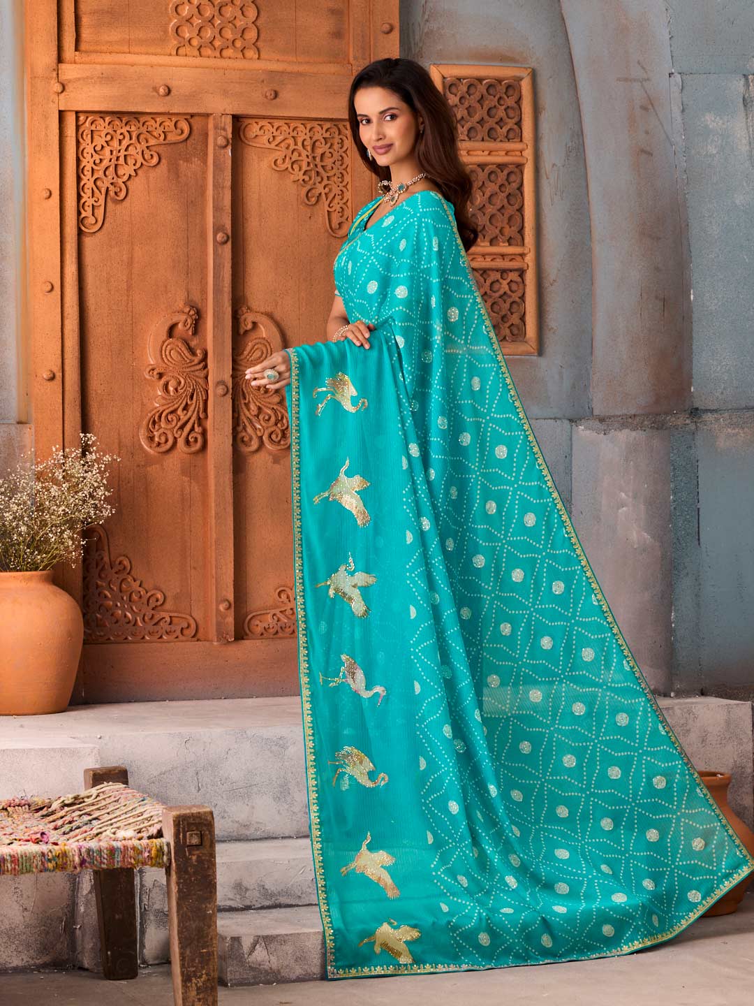 Blue bandhani dotted silk blend saree festive wear