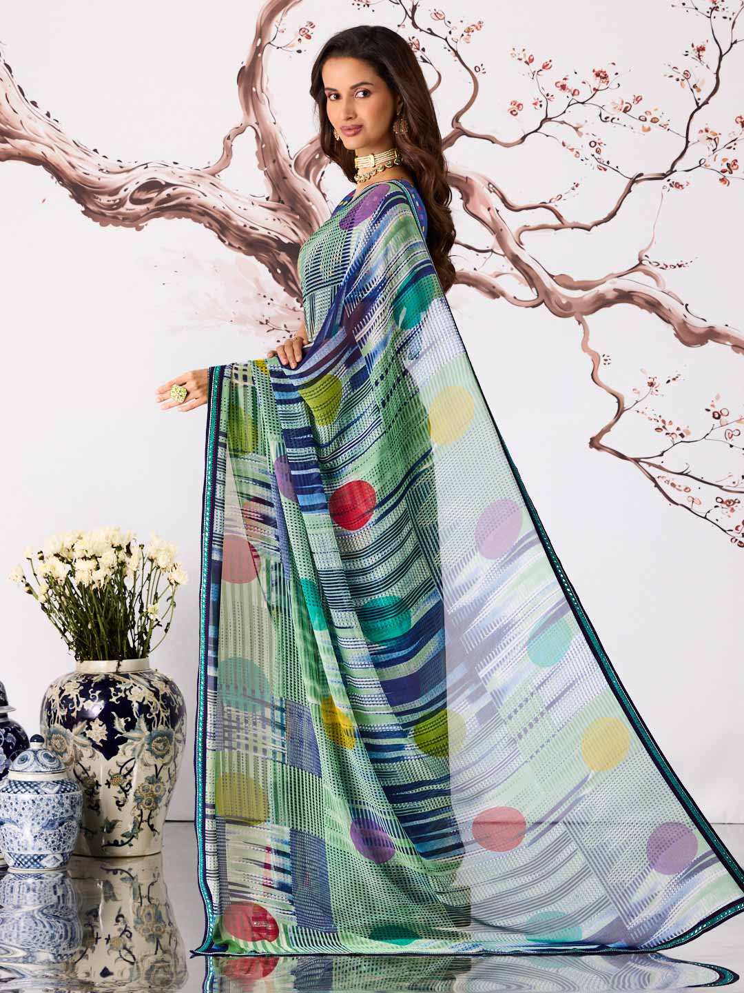 Blue polka dot printed georgette saree party wear