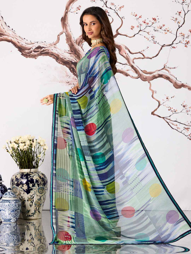 Blue polka dot printed georgette saree party wear
