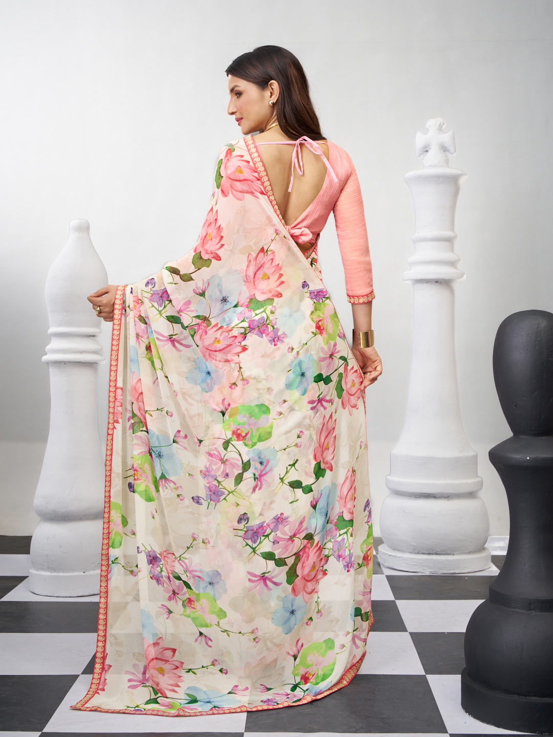 White trendy floral saree