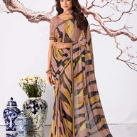 Brown abstract printed georgette saree party wear