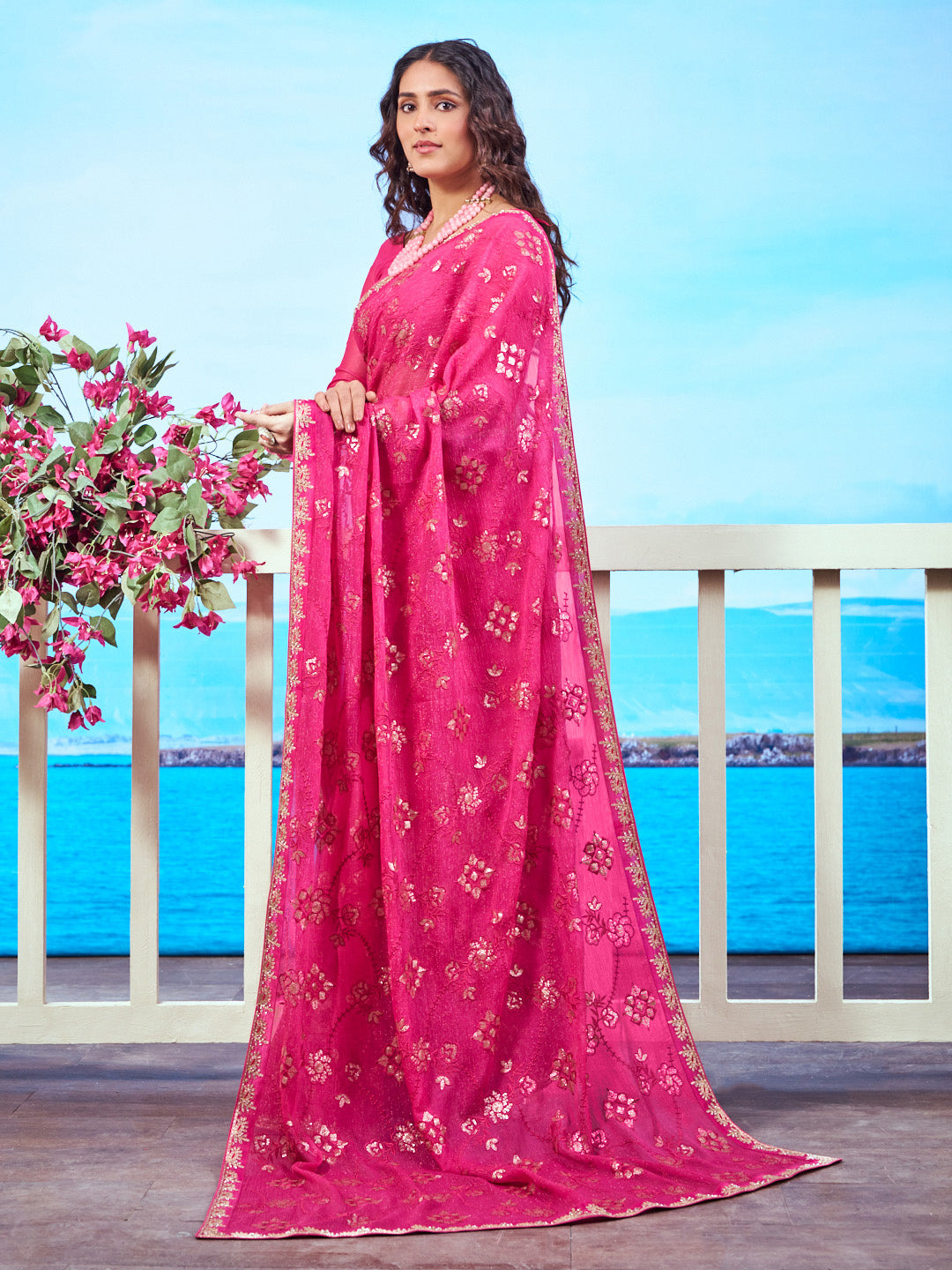 Laxmipati Navya Pink Chiffon Embroidered Saree
