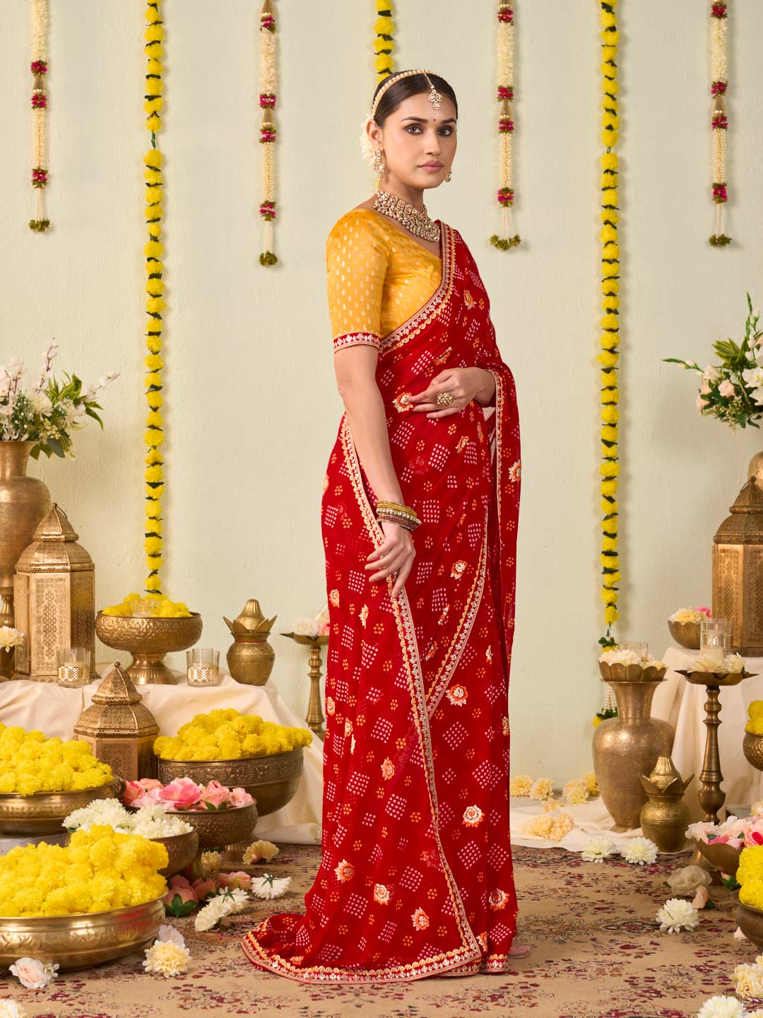 Red bandhani printed georgette saree casual wear
