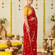 Red bandhani printed georgette saree casual wear