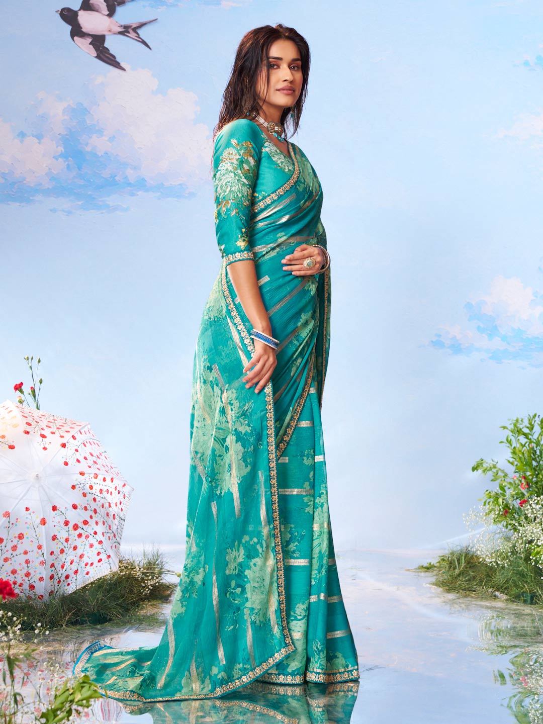 Blue floral printed chiffon saree ethnic wear