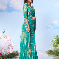 Blue floral printed chiffon saree ethnic wear