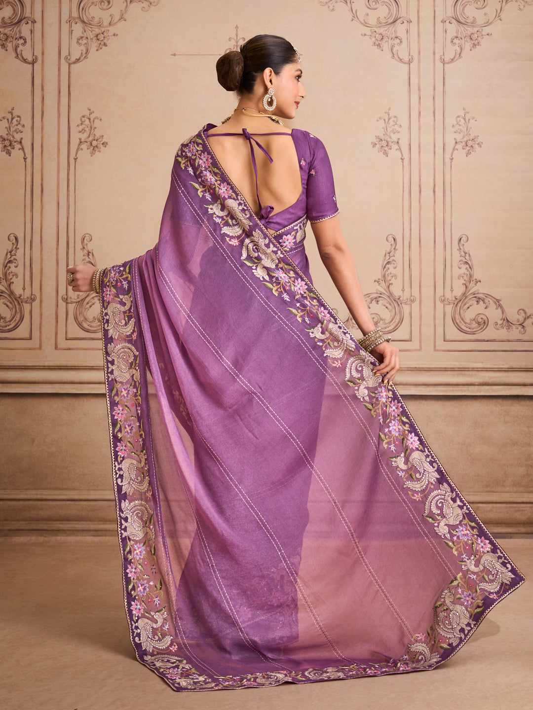 Purple floral embroidered silk blend saree party wear