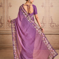 Purple floral embroidered silk blend saree party wear