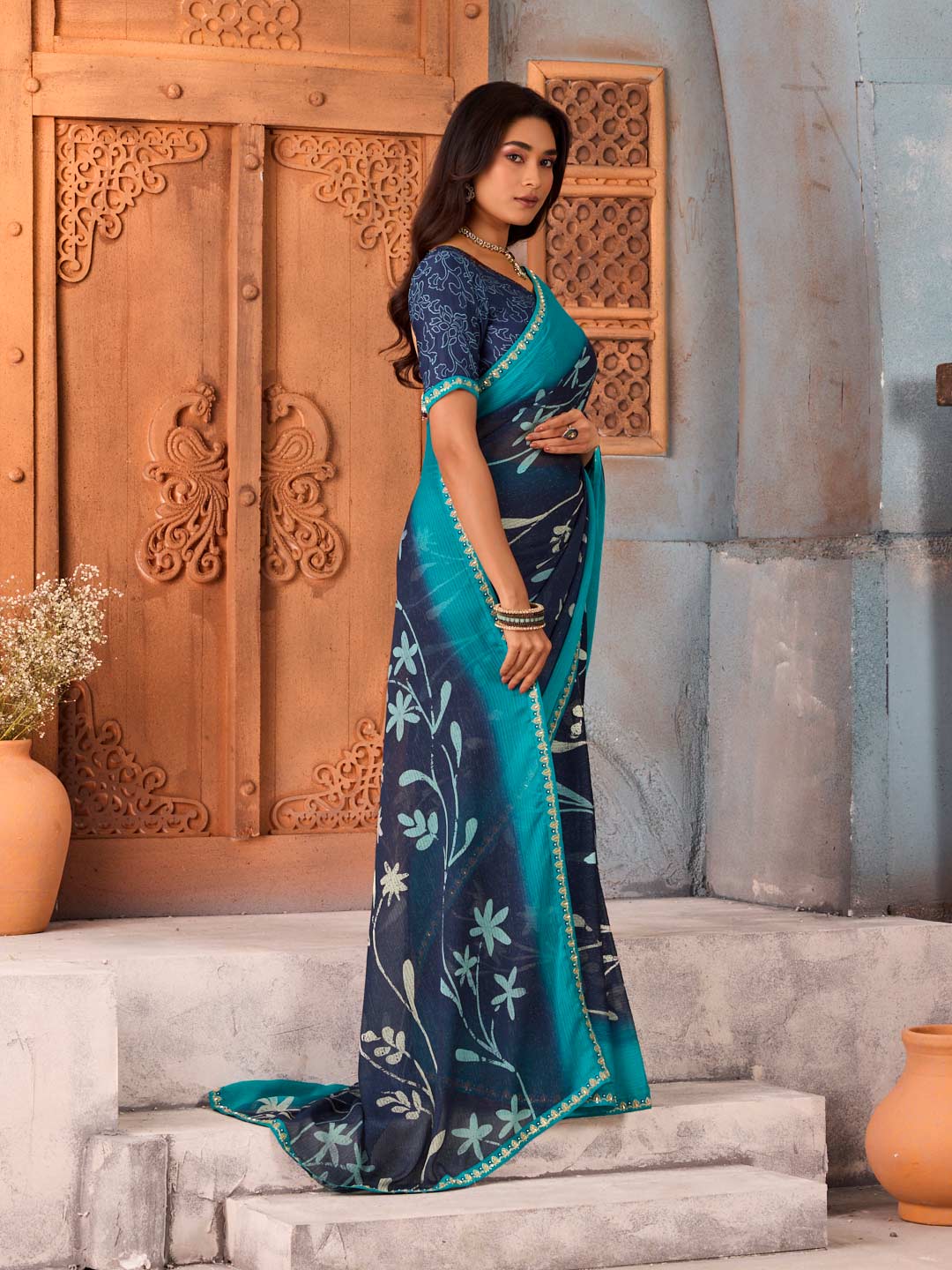 Navy Blue floral printed silk blend saree casual wear