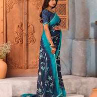 Navy Blue floral printed silk blend saree casual wear