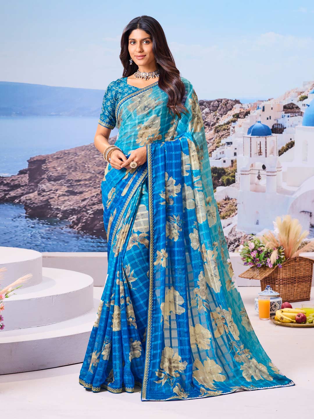 Blue floral printed chiffon saree casual wear