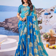Blue floral printed chiffon saree casual wear