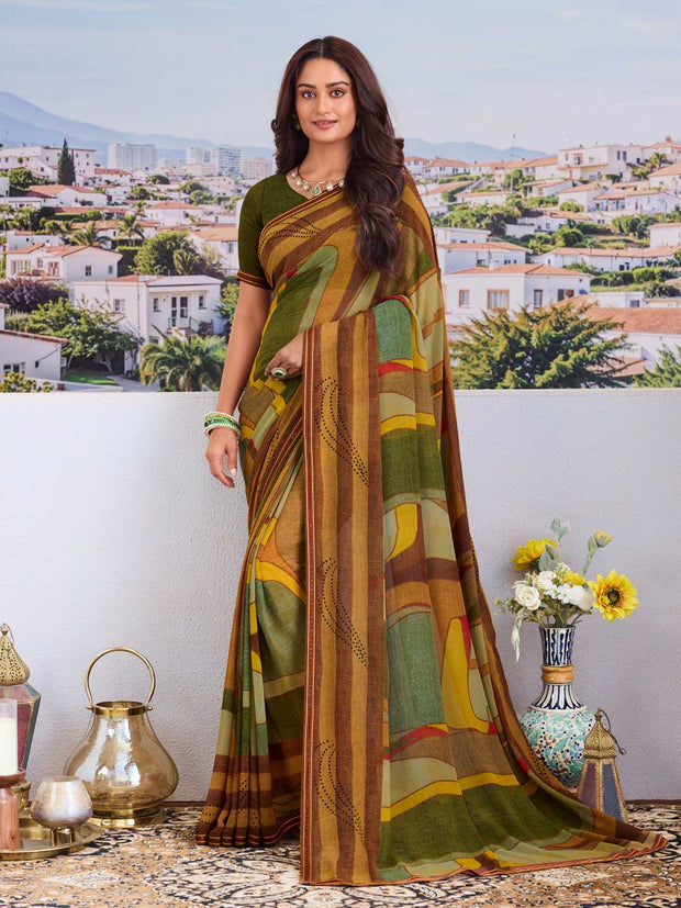 Brown abstract print saree