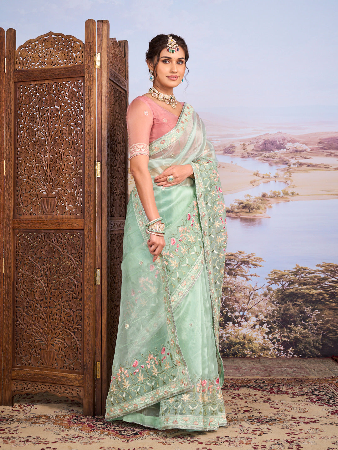 Green floral embroidered tissue organza saree bridal wear