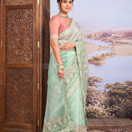 Green floral embroidered tissue organza saree bridal wear