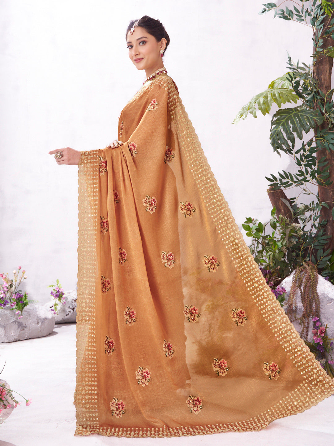 Orange designer embroidery saree festive style
