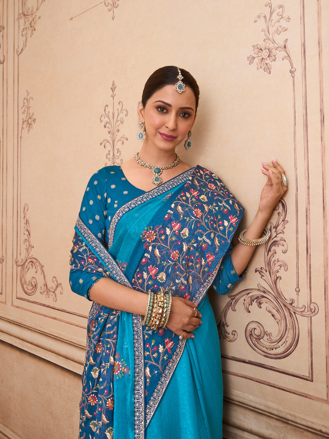 Blue embroidered silk blend saree wedding wear