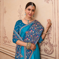 Blue embroidered silk blend saree wedding wear