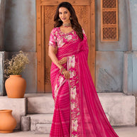 Pink floral printed striped georgette saree daily wear