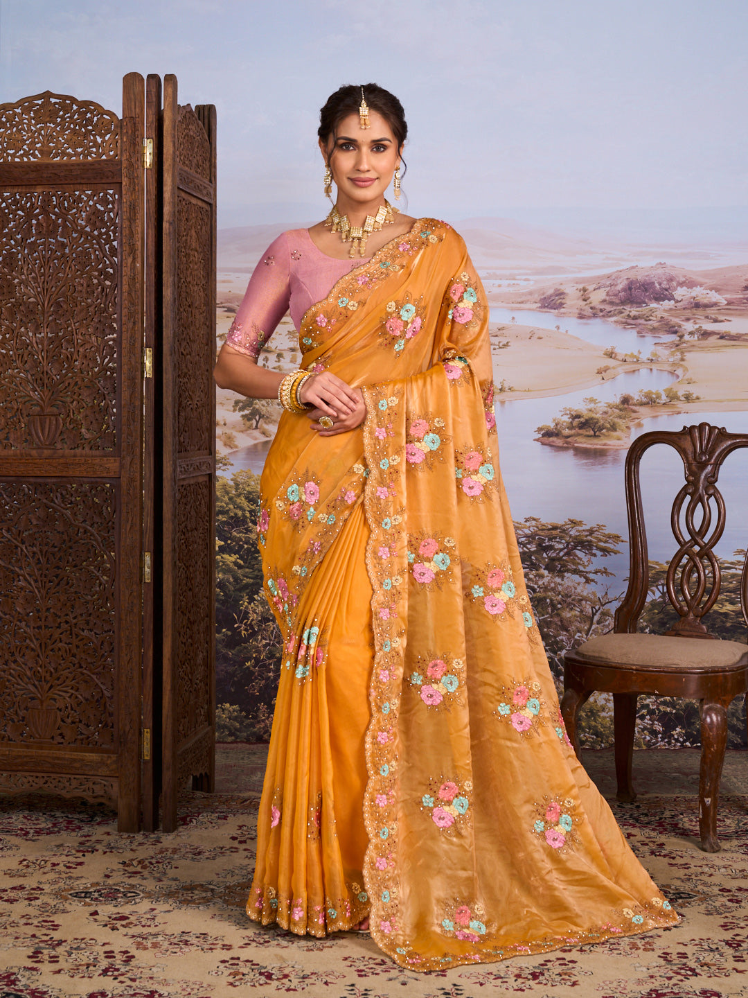 Orange floral embroidered chiffon saree party wear
