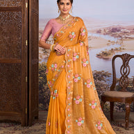 Orange floral embroidered chiffon saree party wear