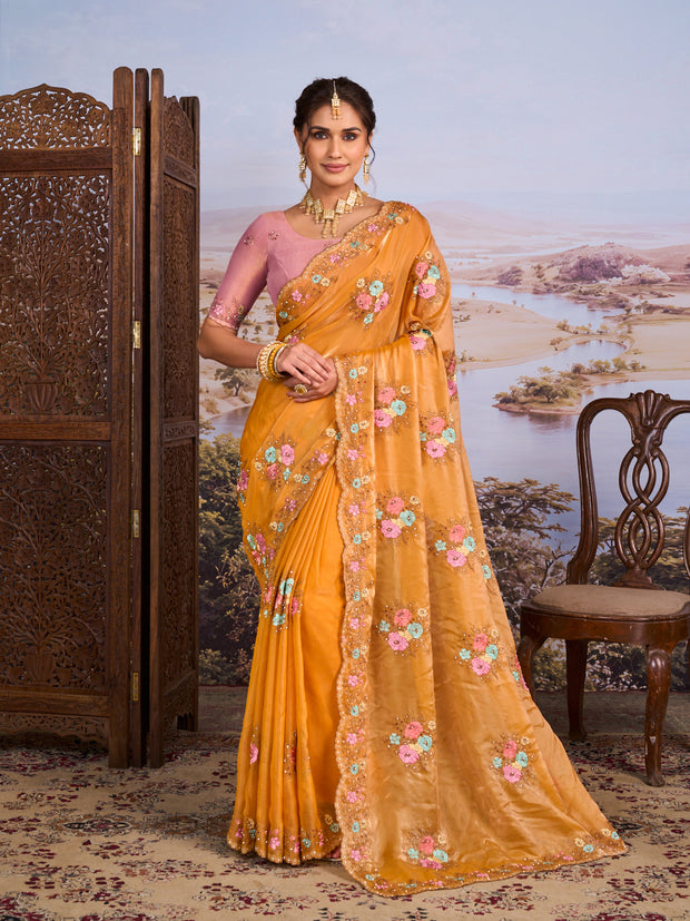 Orange floral embroidered chiffon saree party wear
